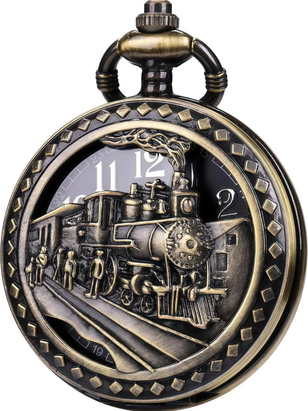 Oversized 50MM Quartz Pocket Watch with Chain - Steampunk Hollow Deer & Train
